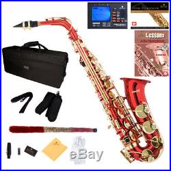 MENDINI RED LACQUER BRASS Eb ALTO SAXOPHONE SAX With TUNER, CASE, CAREKIT, 11 REEDS